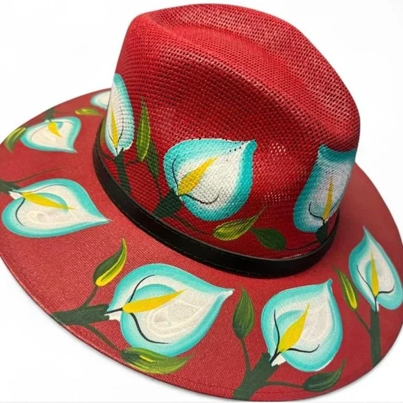 Hand-Painted Oaxaca Artisan Fedora – Red with Pale Turquoise Calla Lily Design